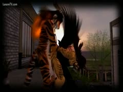 In this porn video, a tiger performs zoophilic behavior by bonking a civilian.